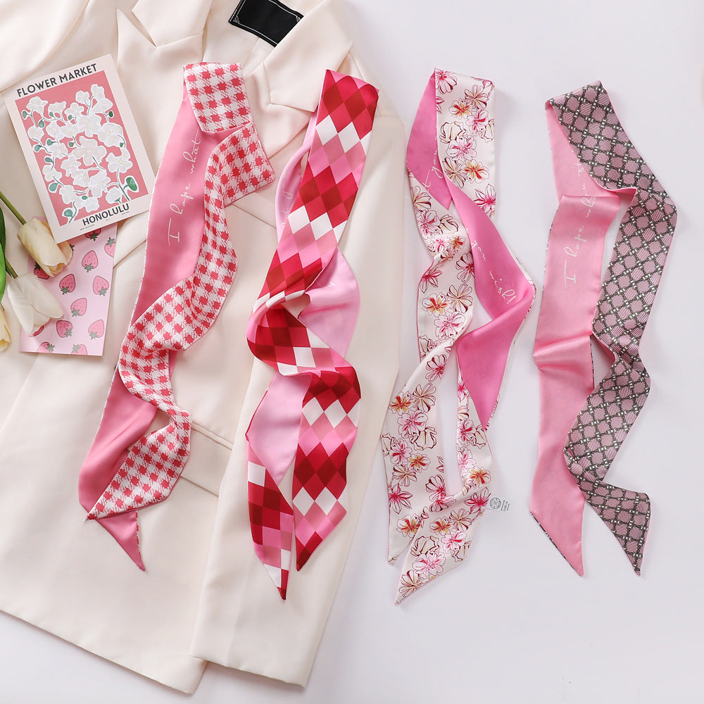 Floral Print Skinny Scarf Long Ribbon Neckerchief Boho Twilly Scarf