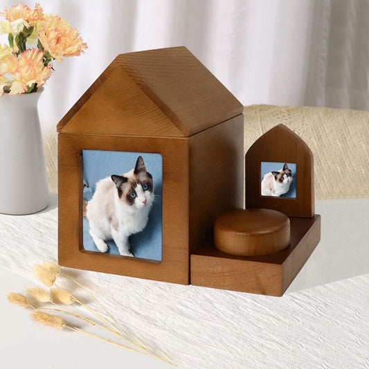 Wooden Pet Urns Set: Dog & Cat Urns with Photo Frames & Hairball Box