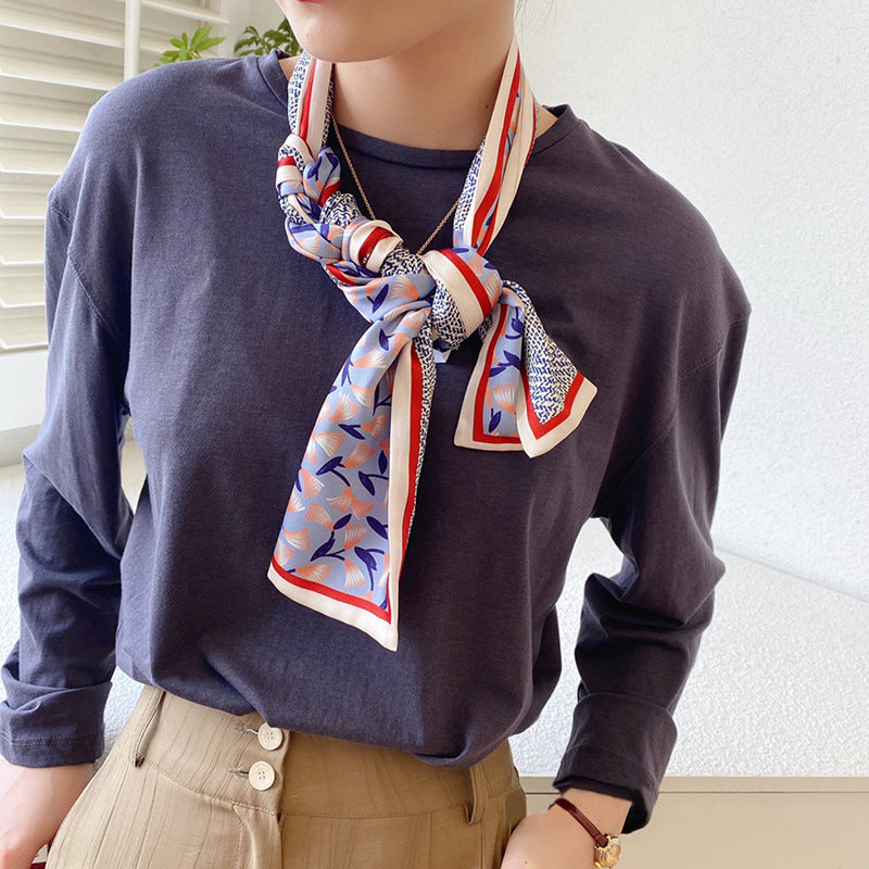 Flower Print Skinny Scarf L French Style Long Ribbon Scarf Classic Neckerchief