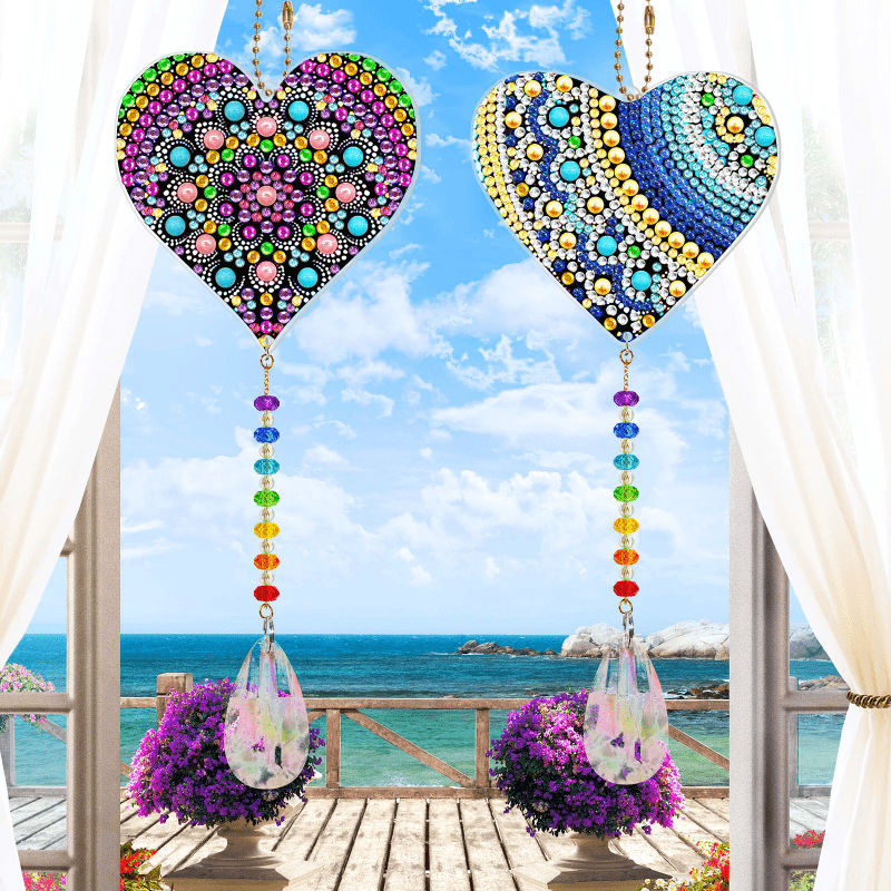 2pcs DIY Heart Diamond Painting Kits Ornaments Wind Chime Keychain Crafts