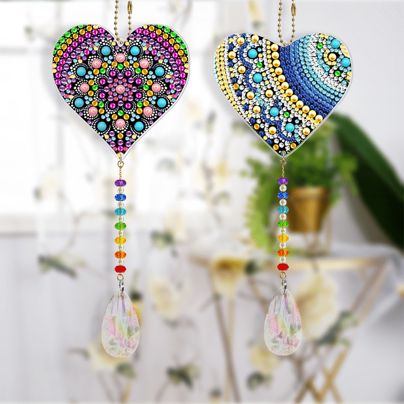2pcs DIY Heart Diamond Painting Kits Ornaments Wind Chime Keychain Crafts