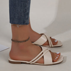 Women's Square Open Toe Flat Slides Cross Strap Casual Beach Shoes