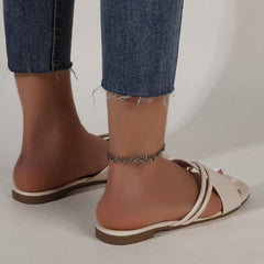 Women's Square Open Toe Flat Slides Cross Strap Casual Beach Shoes