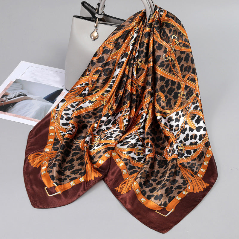 Leopard Print Shawl Vintage Plaid Satin Square Scarf Bandana Silk Head Wrap