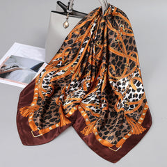 Leopard Print Shawl Vintage Plaid Satin Square Scarf Bandana Silk Head Wrap