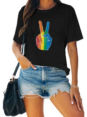 Rainbow V Sign Print T-shirt Short Sleeve Crew Neck Graphic Tee