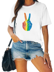 Rainbow V Sign Print T-shirt Short Sleeve Crew Neck Graphic Tee