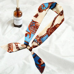 Vintage Chain Print Skinny Scarf Long Ribbon Neckerchief Classic Twilly Scarf
