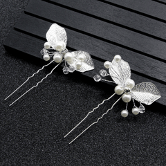 Silvery Leaf Shape Hairpin with Faux Pearl Crystal Inlay