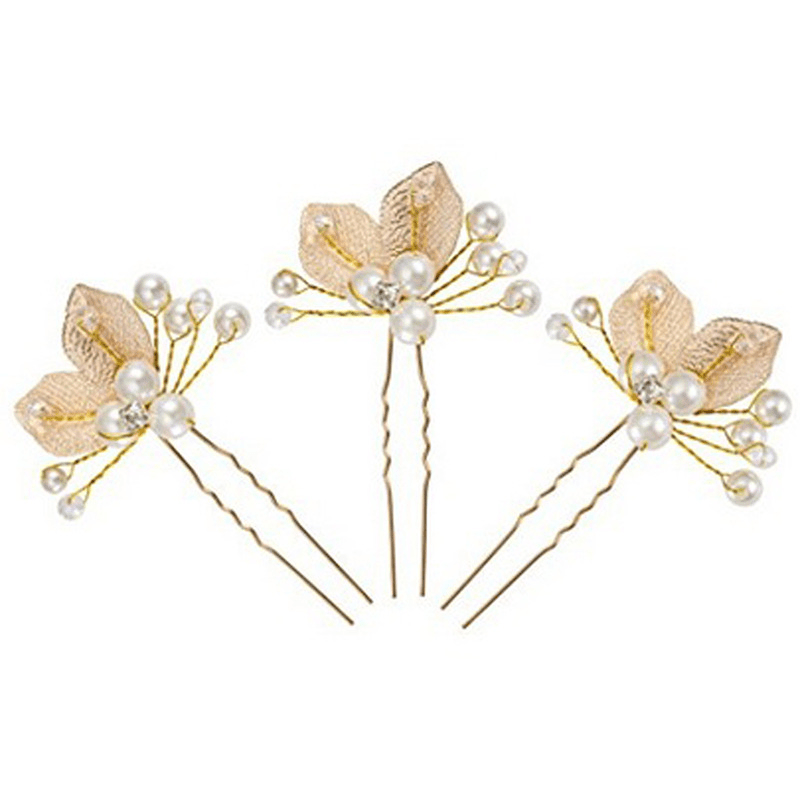 Silvery Leaf Shape Hairpin with Faux Pearl Crystal Inlay