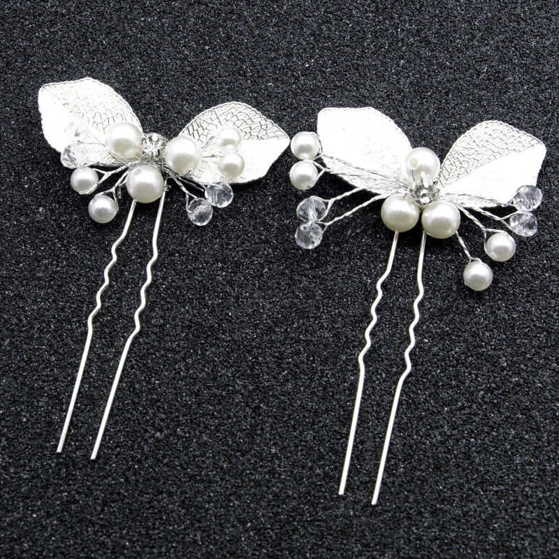 Silvery Leaf Shape Hairpin with Faux Pearl Crystal Inlay