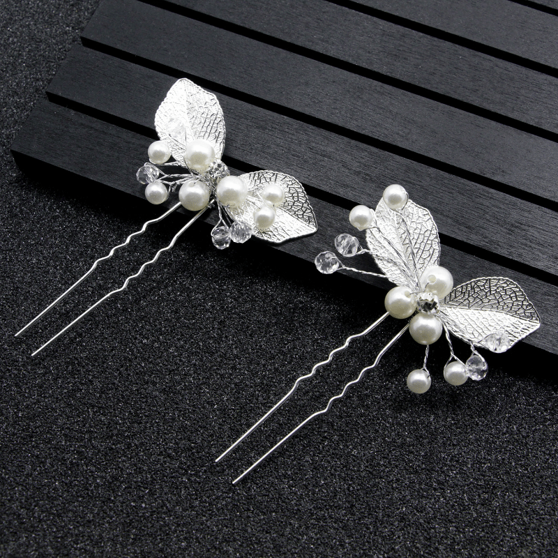 Silvery Leaf Shape Hairpin with Faux Pearl Crystal Inlay