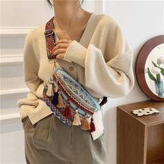 Boho Style Ethnic Tassel Woven Waist Bag Zipper Crossbody Bag