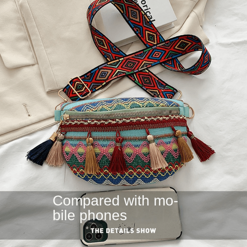 Boho Style Ethnic Tassel Woven Waist Bag Zipper Crossbody Bag
