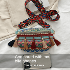 Boho Style Ethnic Tassel Woven Waist Bag Zipper Crossbody Bag