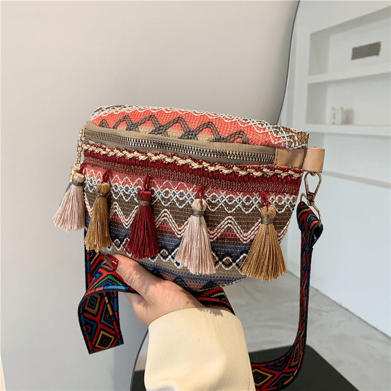 Boho Style Ethnic Tassel Woven Waist Bag Zipper Crossbody Bag
