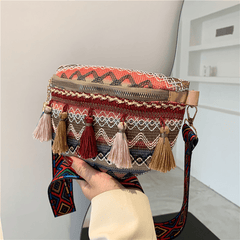 Boho Style Ethnic Tassel Woven Waist Bag Zipper Crossbody Bag