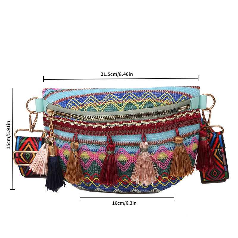 Boho Style Ethnic Tassel Woven Waist Bag Zipper Crossbody Bag