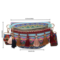 Boho Style Ethnic Tassel Woven Waist Bag Zipper Crossbody Bag