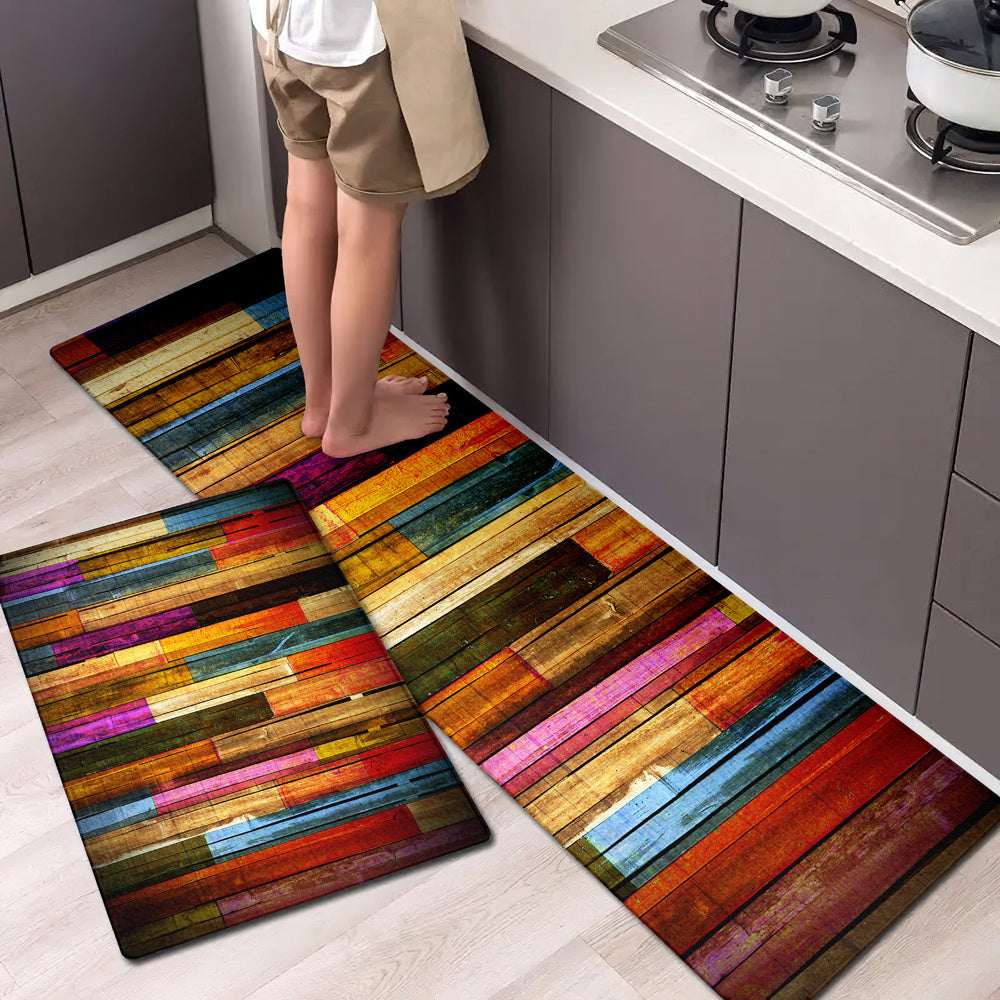 Boho Anti Fatigue Kitchen Rug Colorful Wooden Striped Absorbent Non Slip Mat
