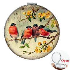 Birds On Branch Round Makeup Mirror Compact Folding Leather Surface Magnifying