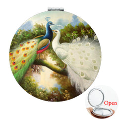 Birds On Branch Round Makeup Mirror Compact Folding Leather Surface Magnifying