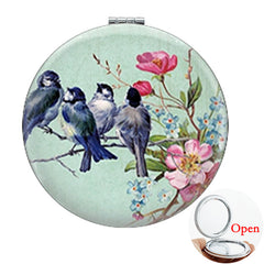 Birds On Branch Round Makeup Mirror Compact Folding Leather Surface Magnifying