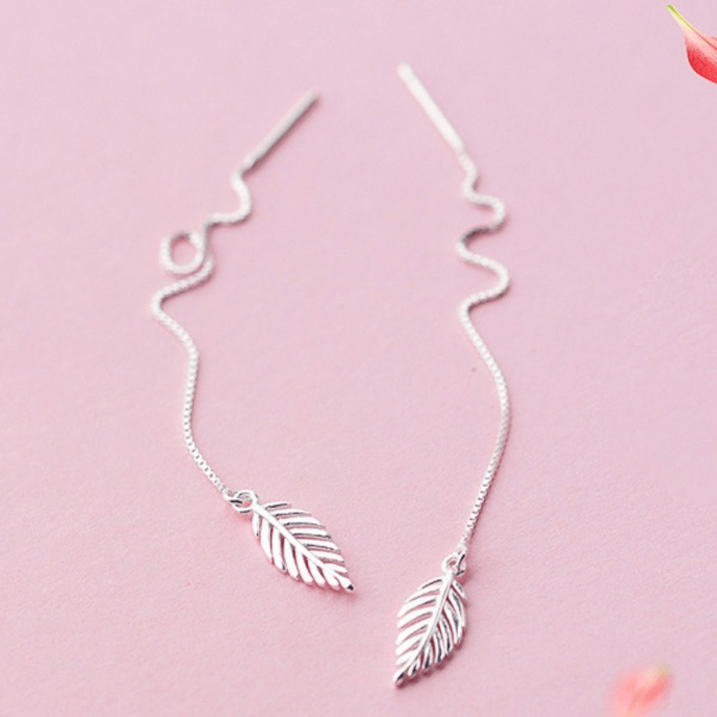Silver Tassel Leaf Dangle Threader Earrings For Women