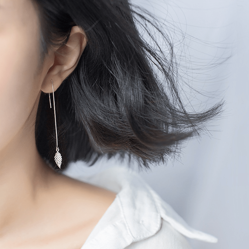 Silver Tassel Leaf Dangle Threader Earrings For Women
