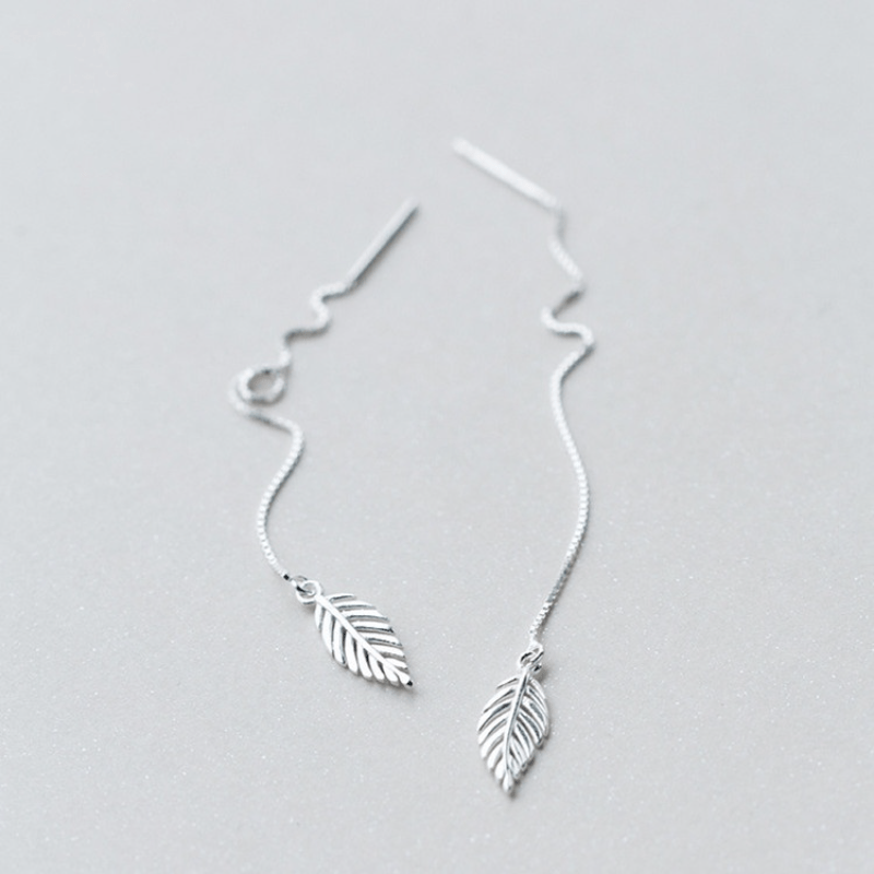 Silver Tassel Leaf Dangle Threader Earrings For Women