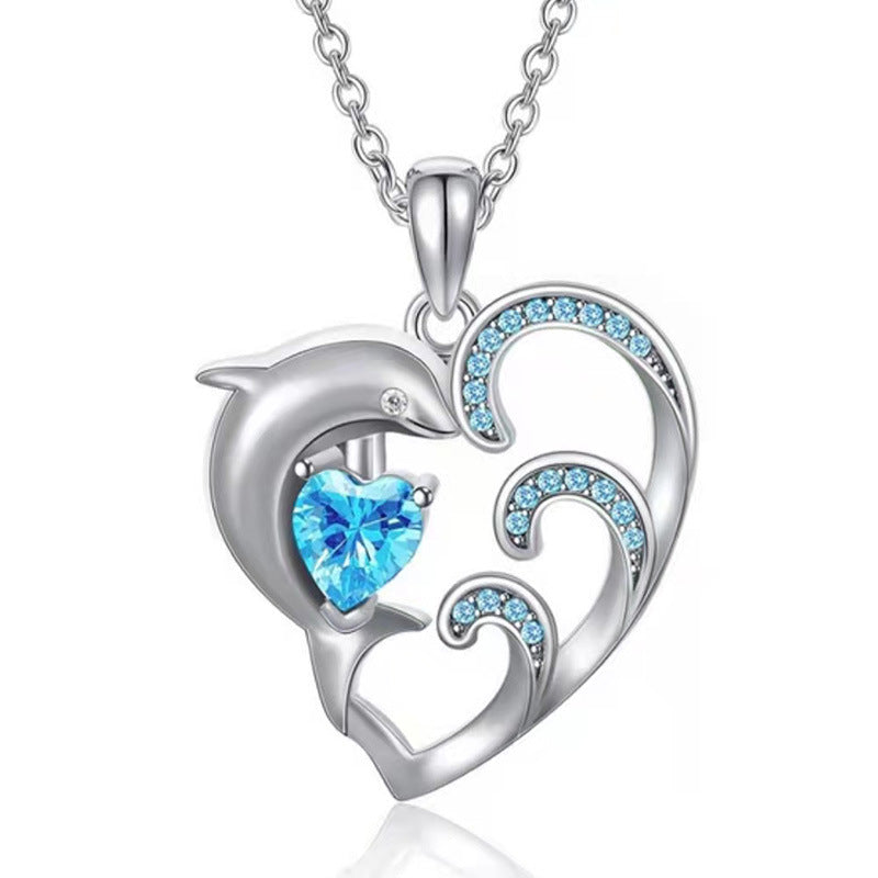 Cartoon Dolphin Wave Heart Pendant Necklace Holiday Gift