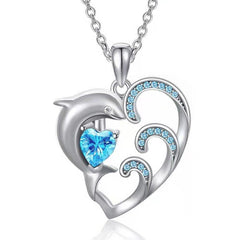 Cartoon Dolphin Wave Heart Pendant Necklace Holiday Gift