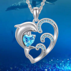 Cartoon Dolphin Wave Heart Pendant Necklace Holiday Gift