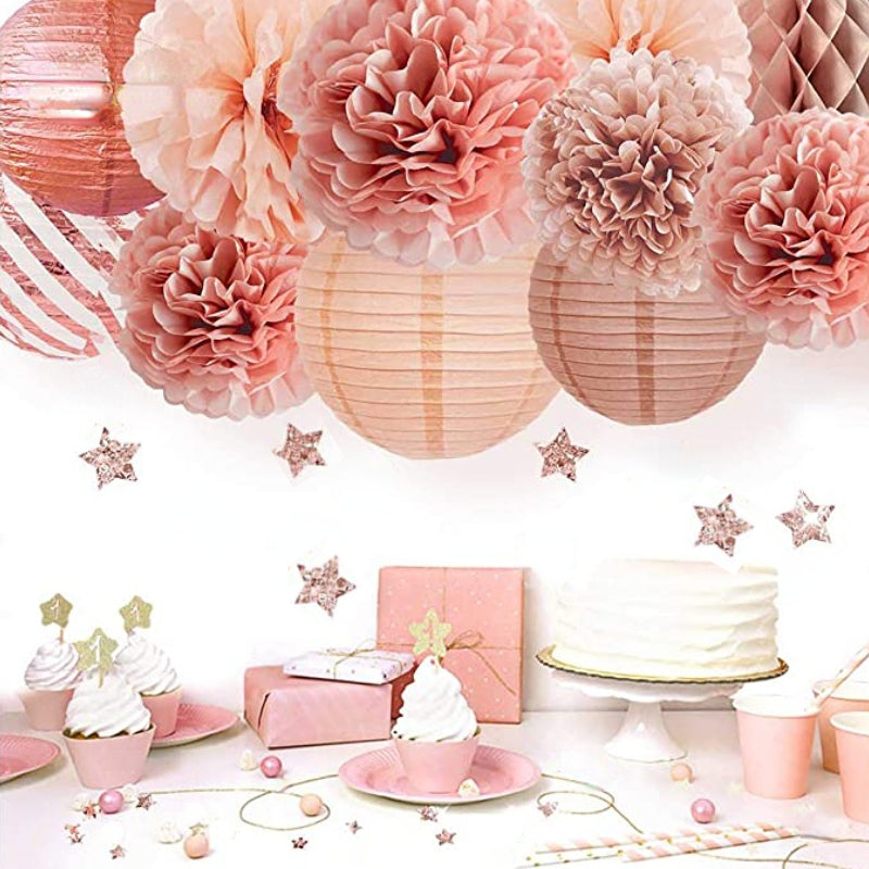 12pcs Rose Golden Paper Lanterns and Flower Poms Set