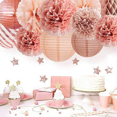 12pcs Rose Golden Paper Lanterns and Flower Poms Set
