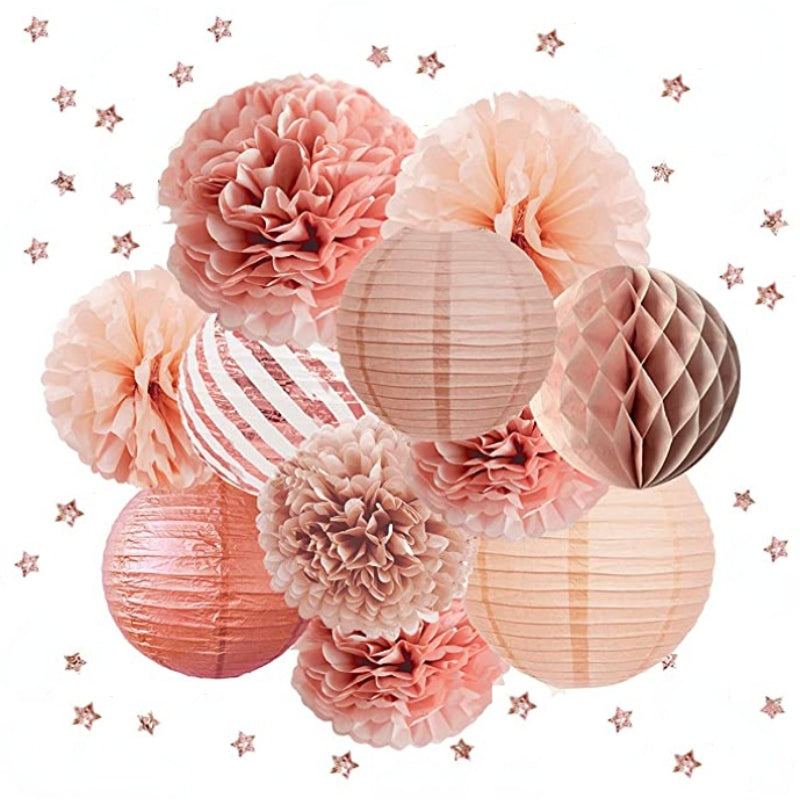 12pcs Rose Golden Paper Lanterns and Flower Poms Set