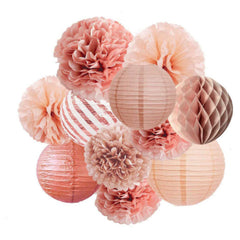 12pcs Rose Golden Paper Lanterns and Flower Poms Set