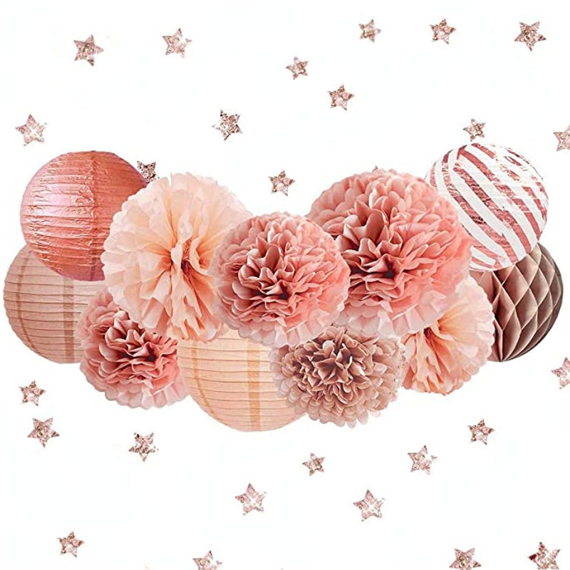 12pcs Rose Golden Paper Lanterns and Flower Poms Set