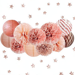 12pcs Rose Golden Paper Lanterns and Flower Poms Set