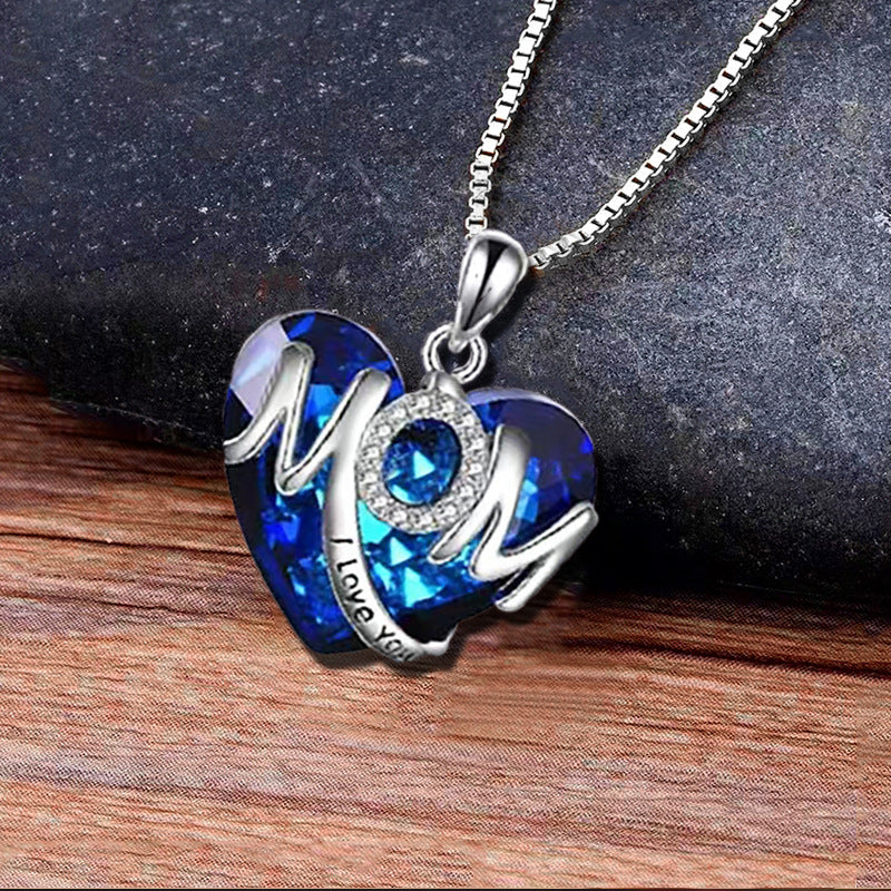 Girls Letter MOM Rhinestones Crystal Heart Pendant Necklace
