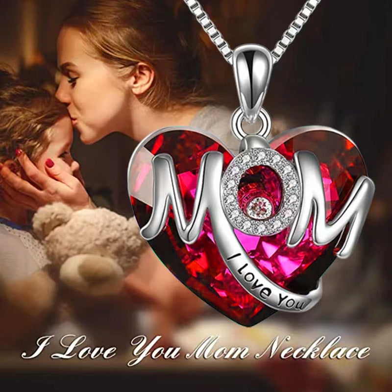 Girls Letter MOM Rhinestones Crystal Heart Pendant Necklace