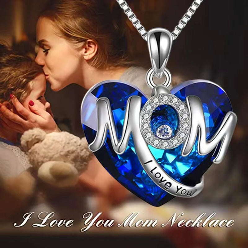 Girls Letter MOM Rhinestones Crystal Heart Pendant Necklace