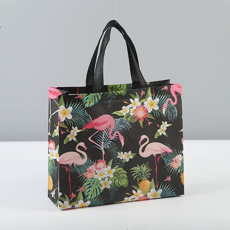 Retro Flamingo Tote Bag Non Woven Foldable Handbag Vintage Monstera Leaf Eco
