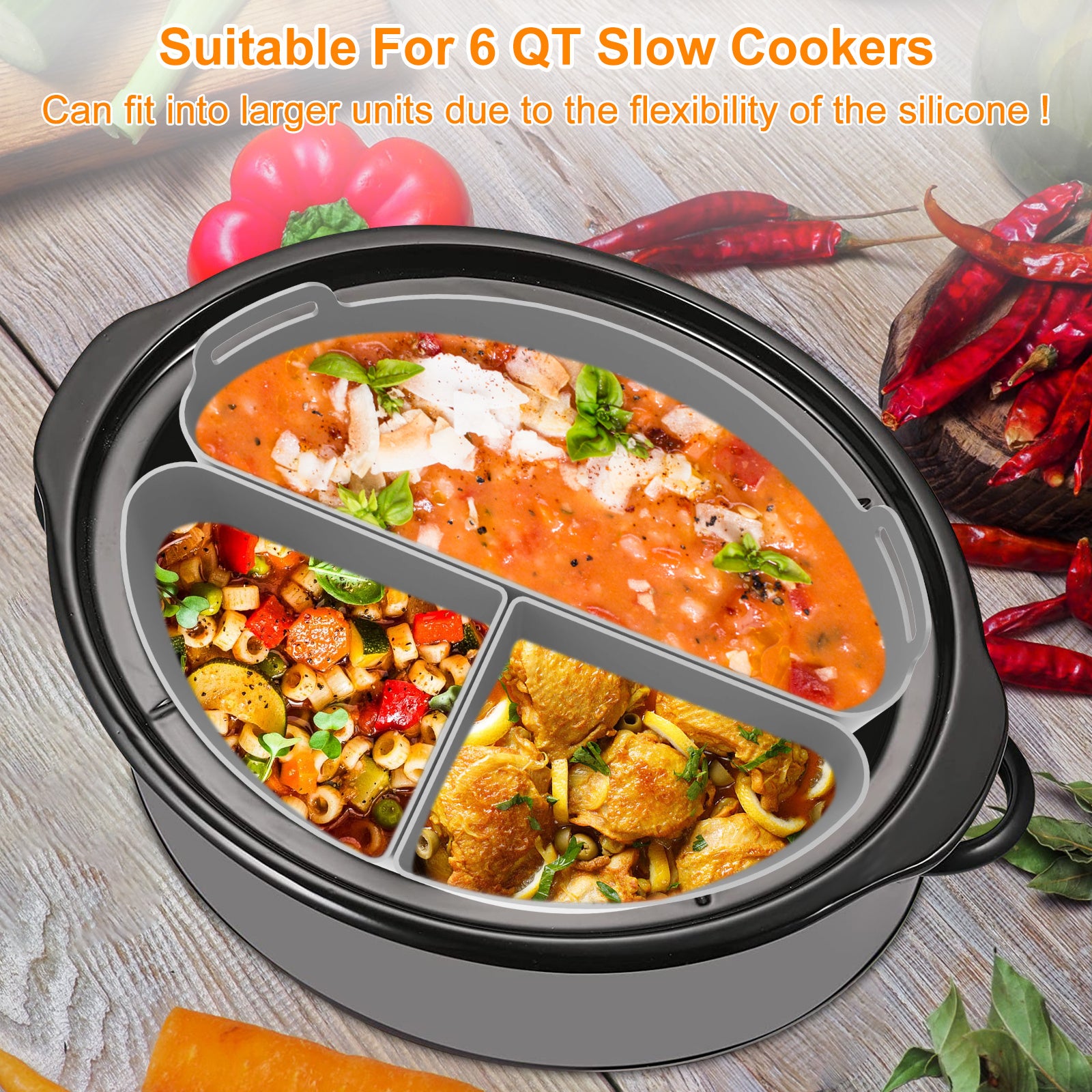 3pcs Reusable Leakproof Silicone Slow Cooker Divider Liners