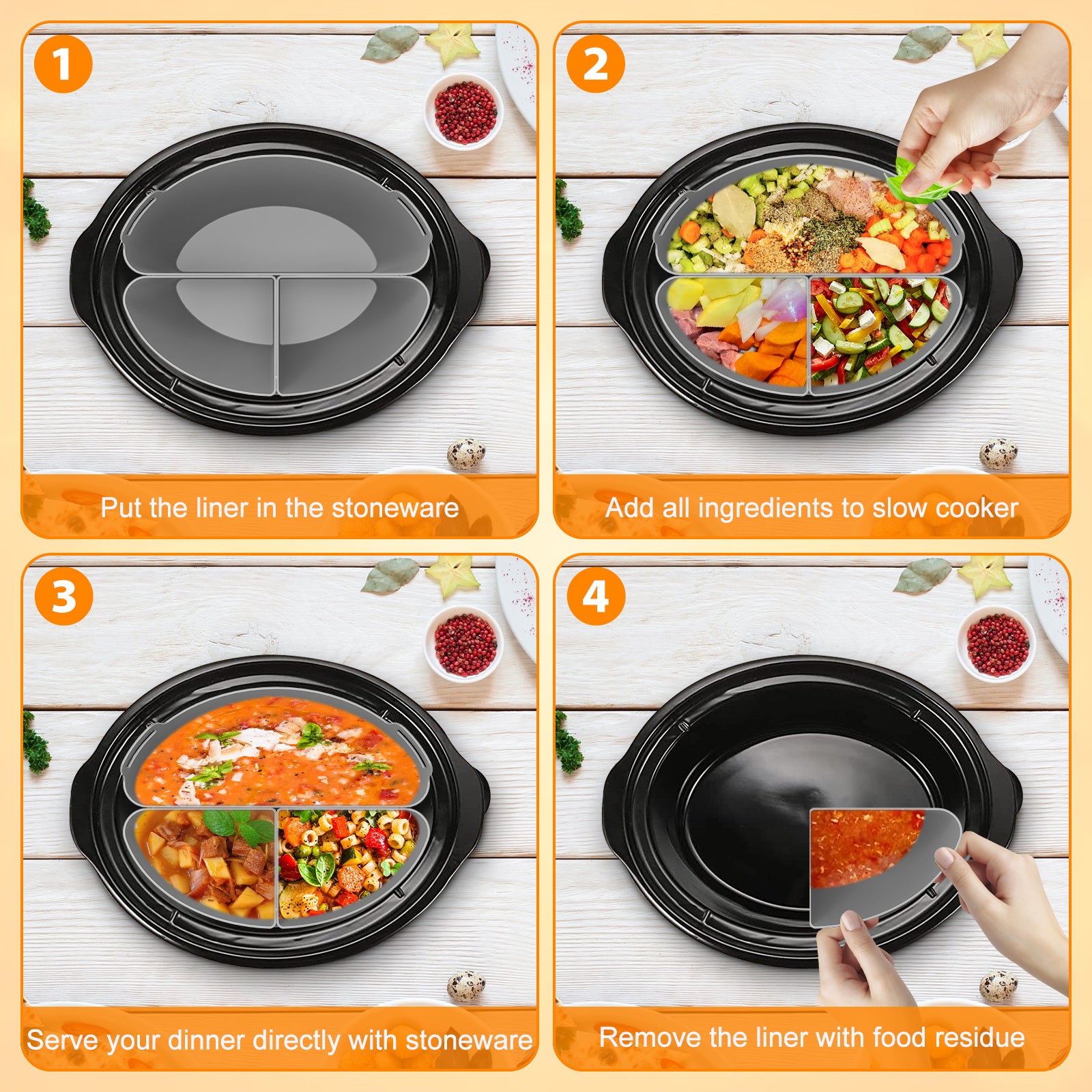 3pcs Reusable Leakproof Silicone Slow Cooker Divider Liners