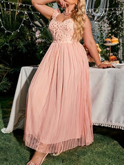 Golden Leaf Print V Neck Ruffle Trim Mesh Overlay Plus Size Bridesmaid Dress