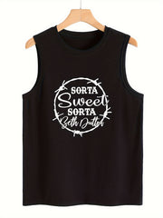 Letter Print Sleeveless Sports Vest Round Neck Stretchy Casual Tops