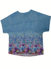 Casual Blouse Women's Plus Floral Print Short Sleeve Round Neck Split