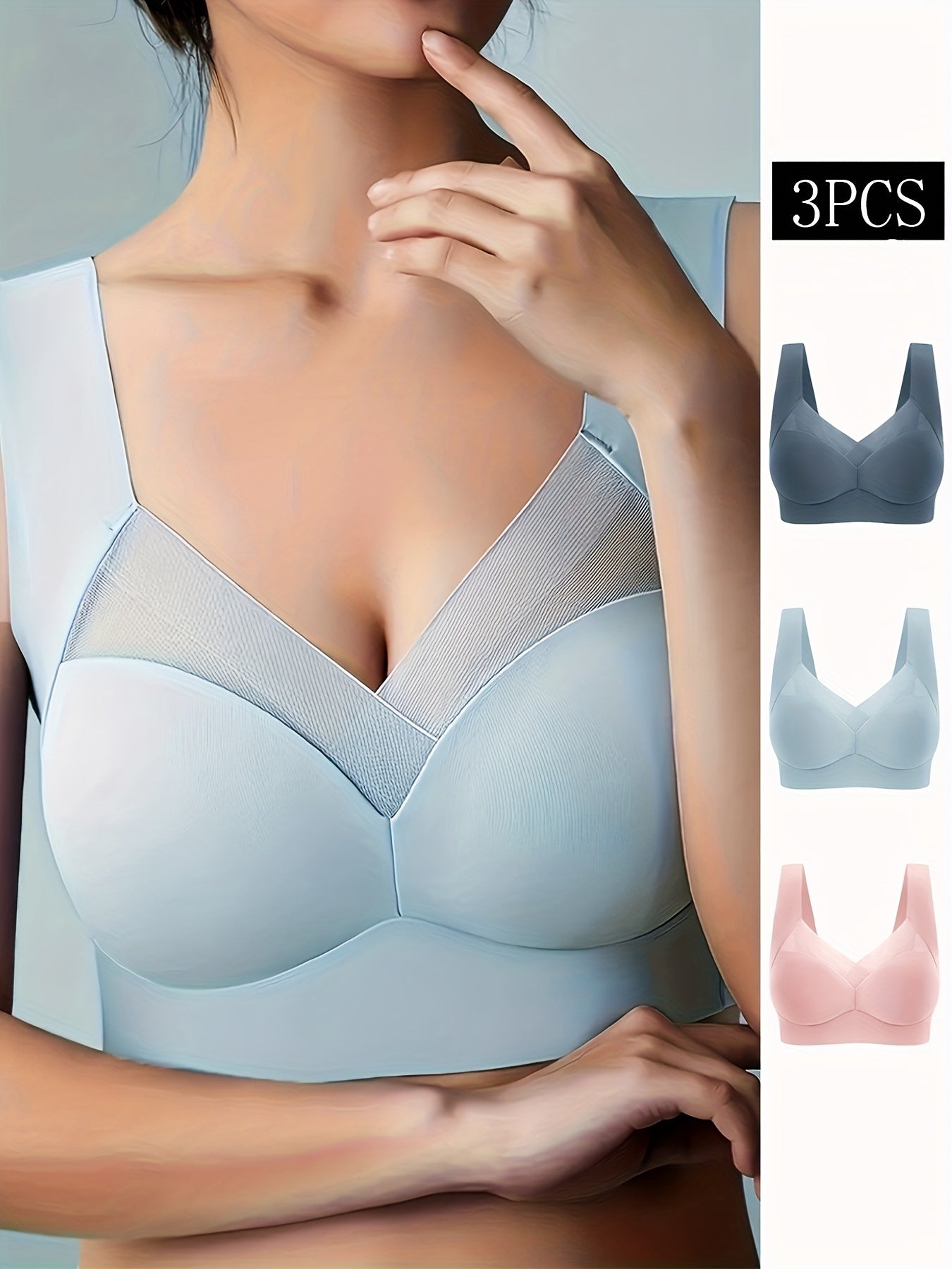 3pcs Contrast Mesh Wireless Bras Full Coverage Comfy & Breathable