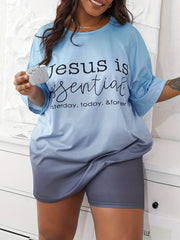 Ombre & Slogan Print Tee & Shorts Pajama Set